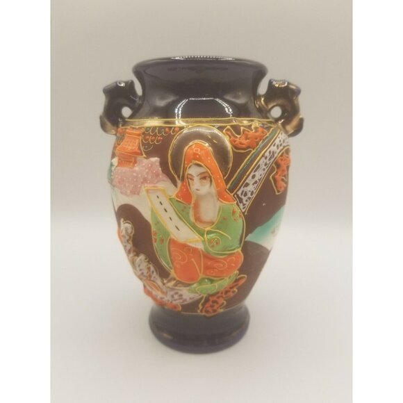 Japanese 1940's Satsuma Ware Vase w Handles Moriage Cobalt Blue Gold Gilt - Picture 1 of 10